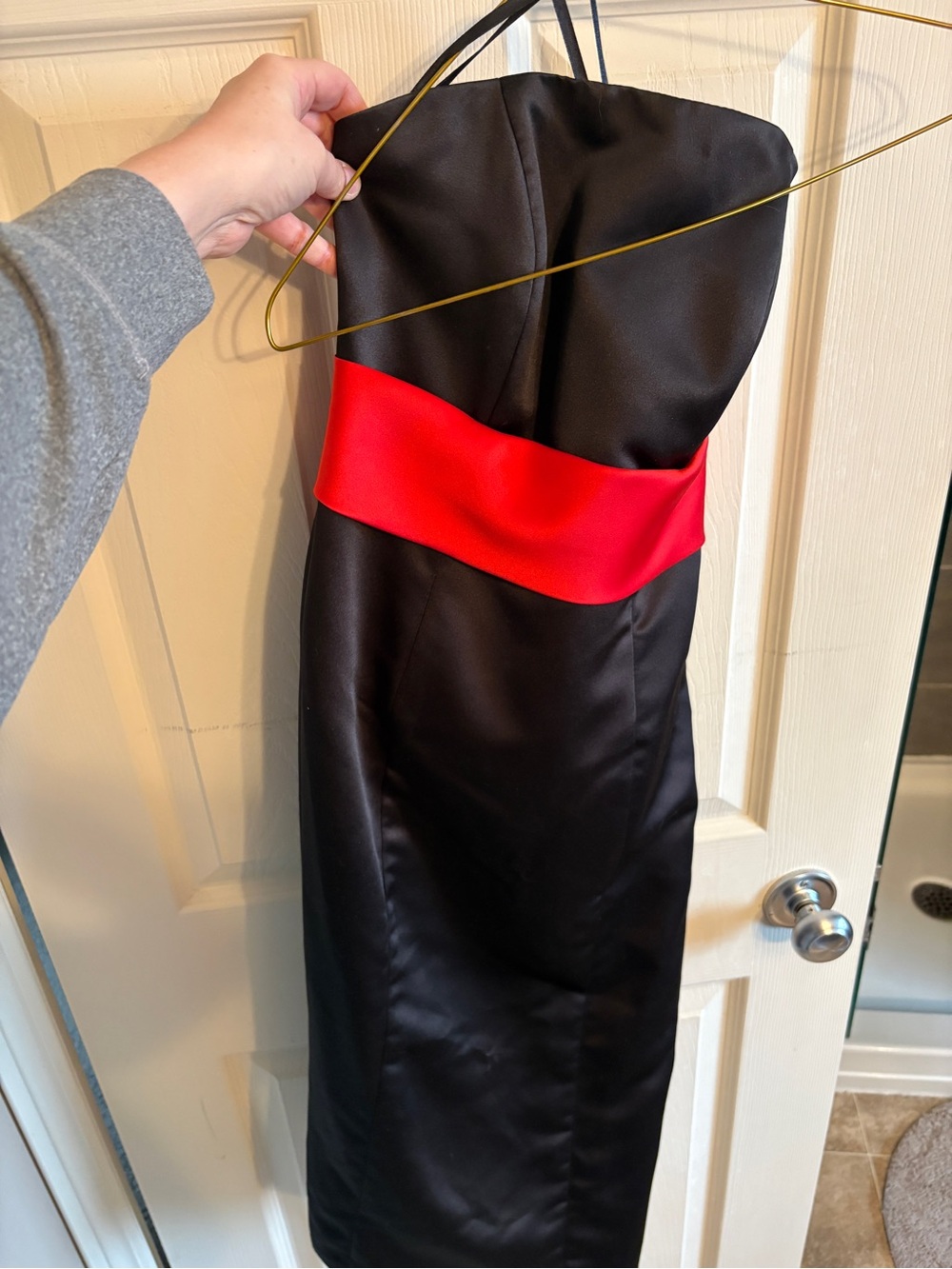 Mariposa Black Strapless Prom Dress with Red Waistband